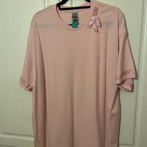 251 Pink tee neck tee with plaid ribbon and button accents with hip slits